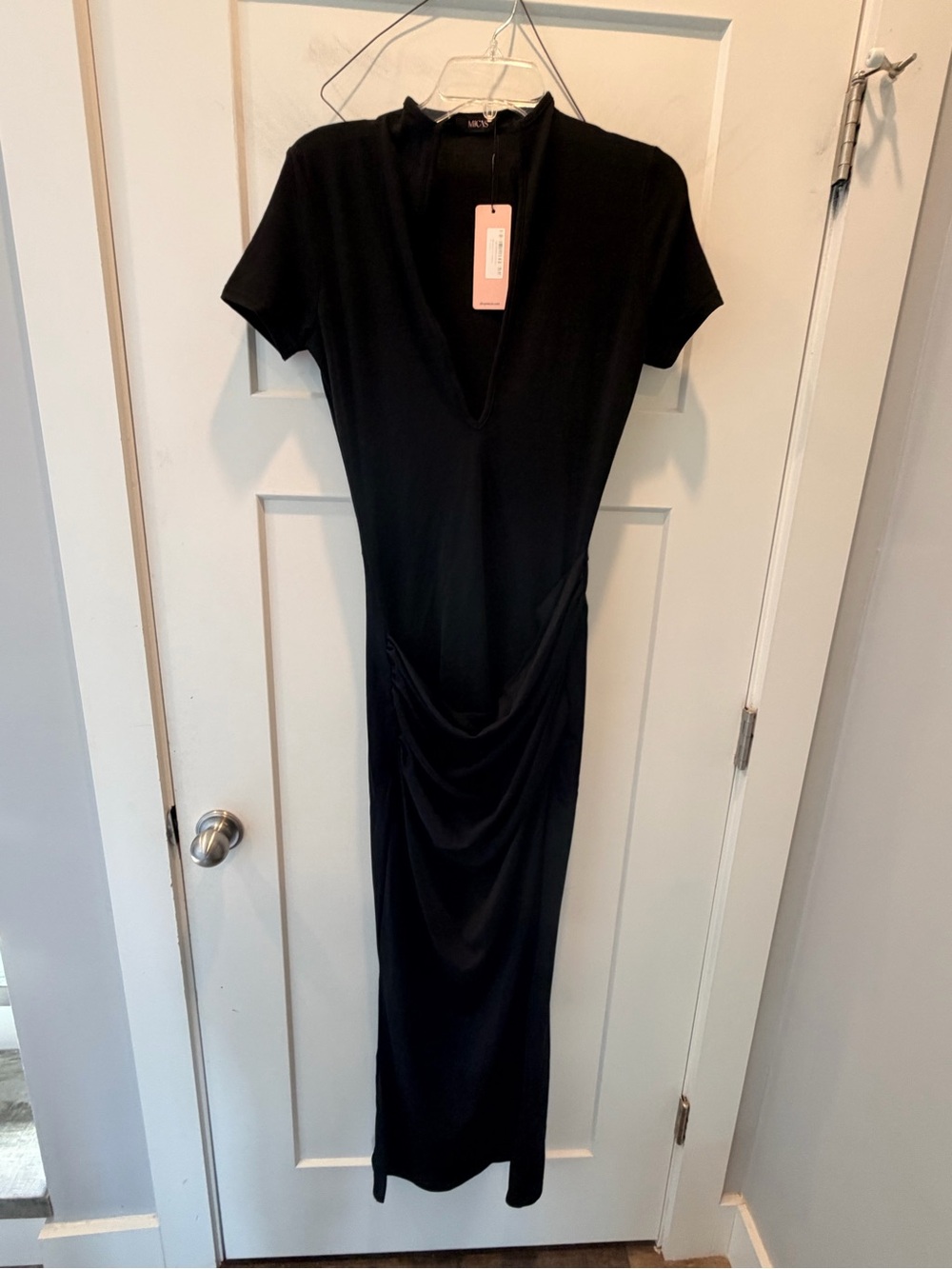 NWT MICAS Black Ruched Draped Maxi Dress Large Bodycon Short Sleeve